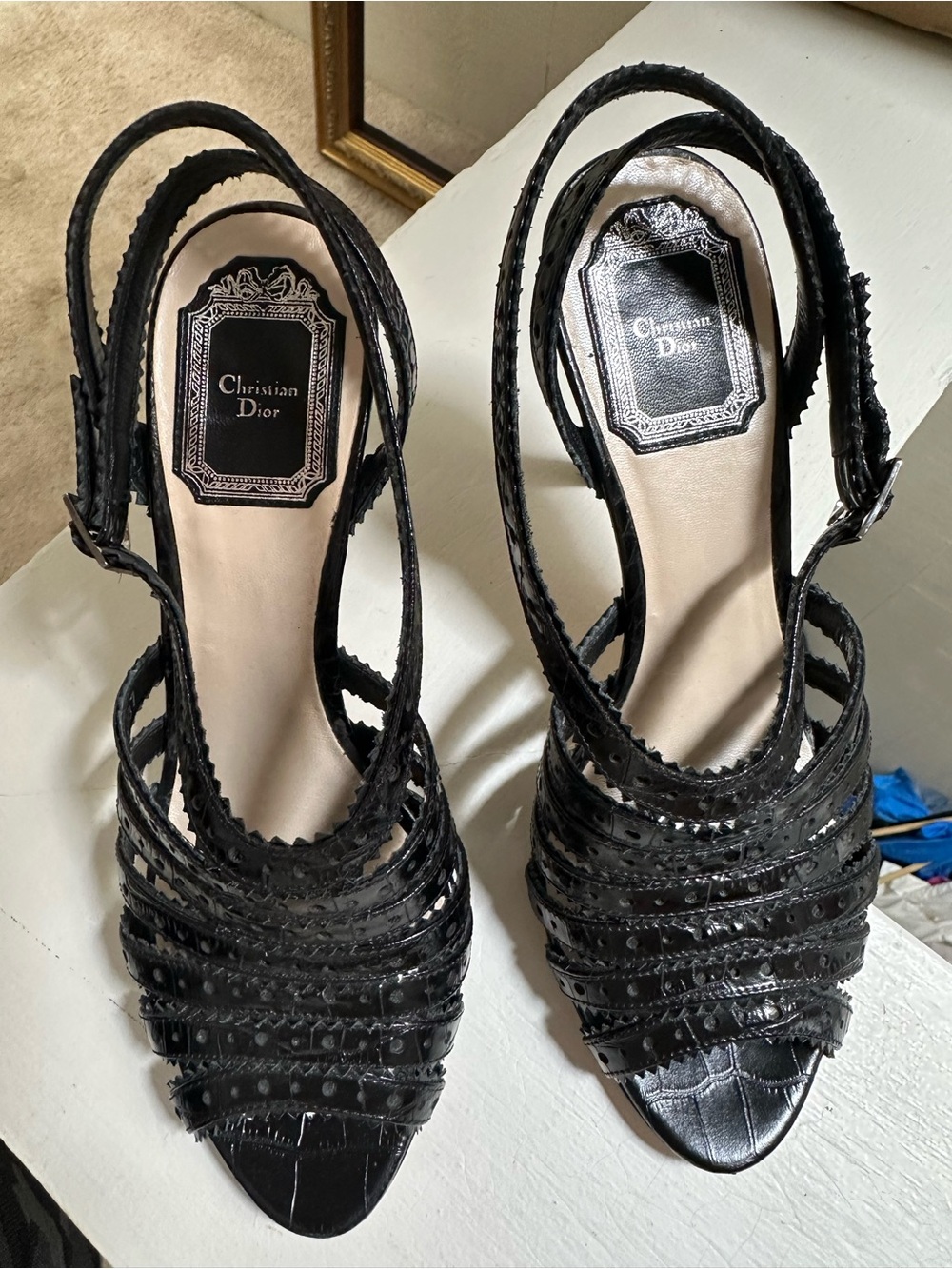 Vintage Christian Dior Black Croc Strappy Caged Heels EU 37